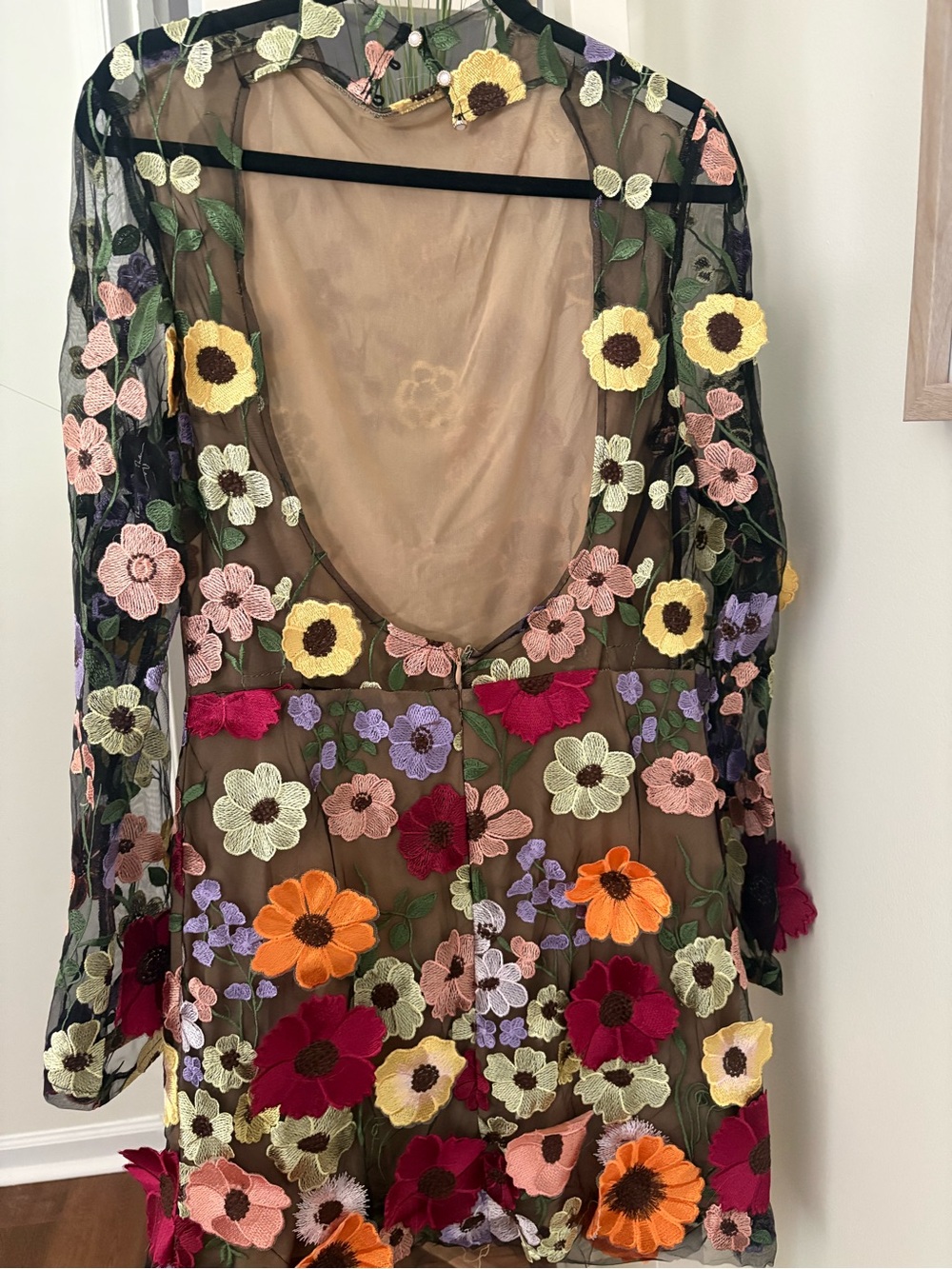 Black Sheer Backless Dress with Multicolor Floral Appliqué - Picture 2 of 4